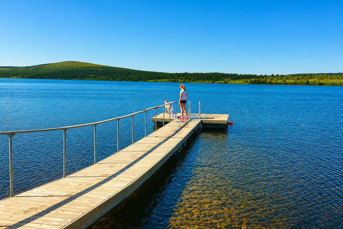 Badebrygge og klart fjellvann ved Nevelvann på Nordseter
