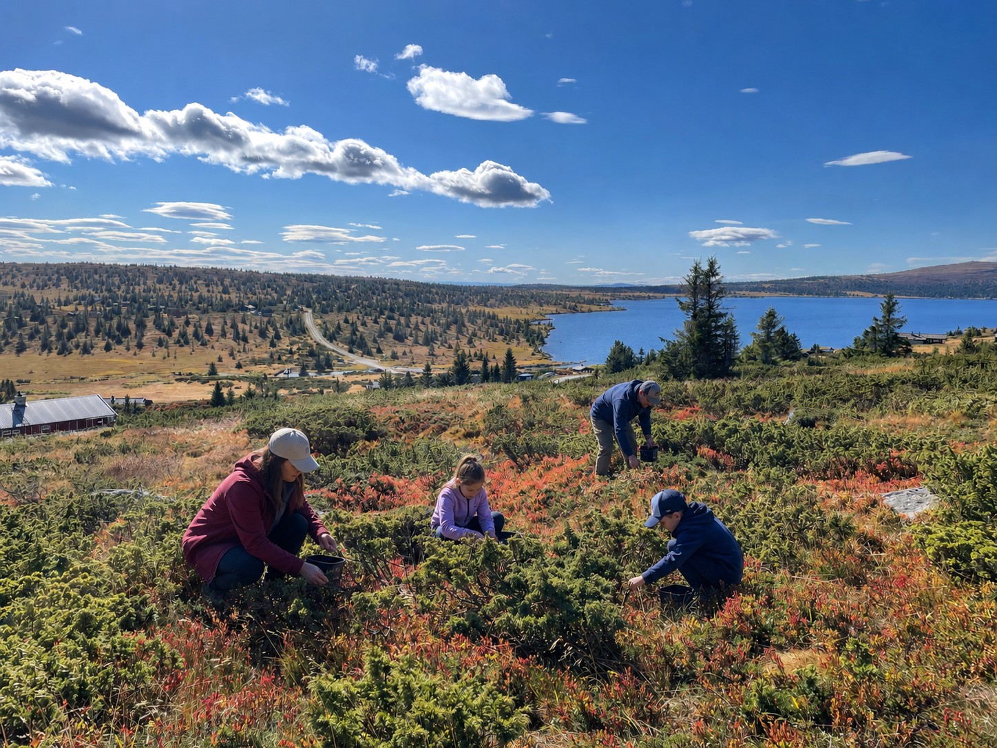 familie som plukker bære i fjellet på Nordseter