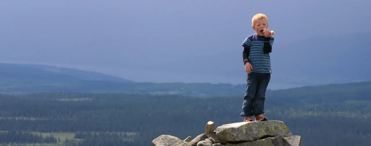 Barn som spiser pølse og lompe på toppen av Nevelfjell på Nordseter