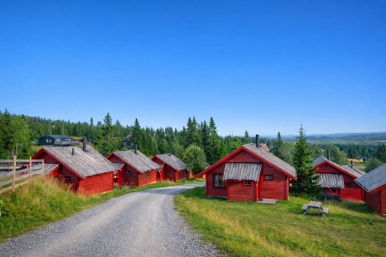 Røde hytter omringet av grønt gress og grantrær