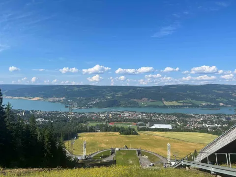 Panoramautsikt fra en bakke mot en by ved en fjord, med jorder, skog, stadion og blå himmel med skyer.