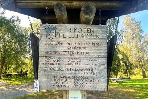 Stor, værslitt treplakat med teksten «Skogen i Lillehammer» henger i kjetting under et tretak, med grønn park og trær bak.